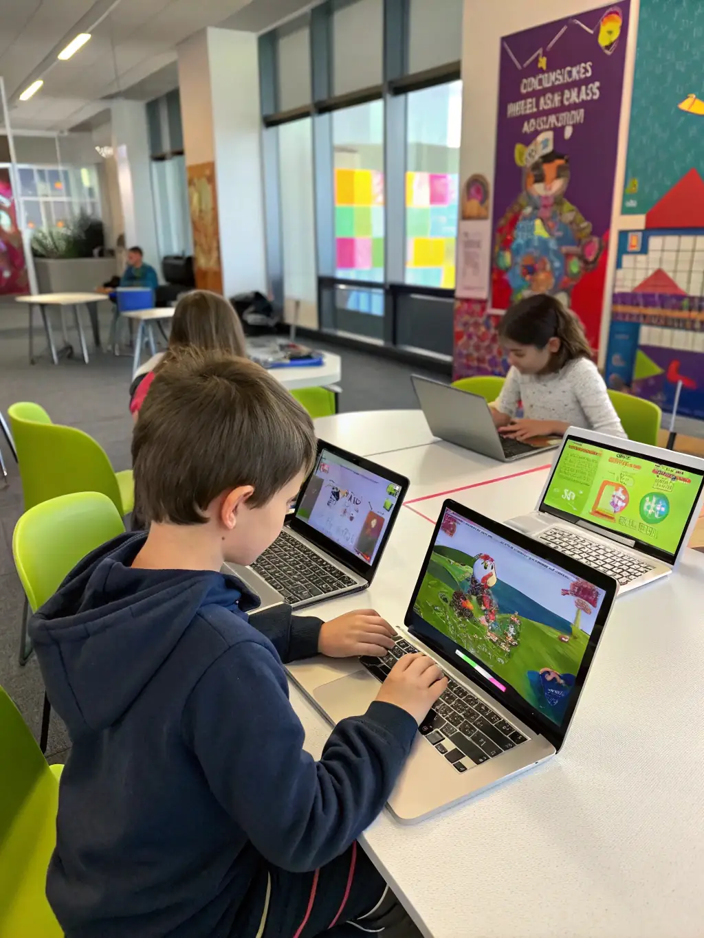 A group of children learning about coding and robotics in a STEM education program, using laptops and building robots.
