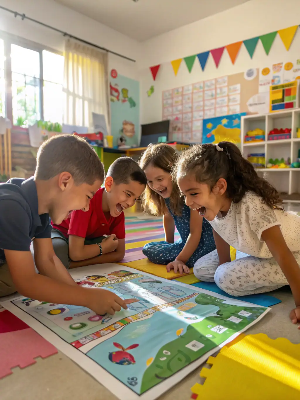 A diverse group of children participating in a workshop focused on developing social skills and teamwork, facilitated by a trained professional.