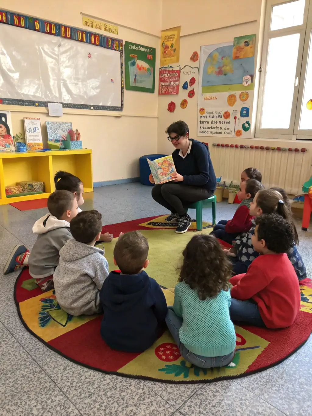 A group of children participating in a tutoring session, focused on their work with a supportive tutor guiding them, set in a brightly lit classroom environment, emphasizing educational support.