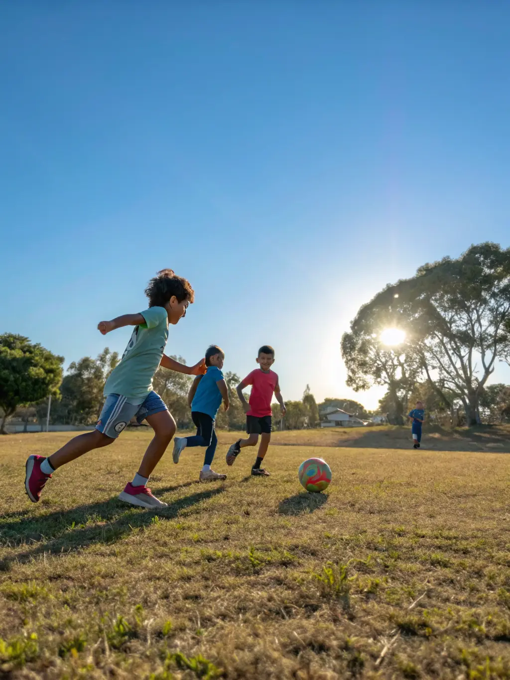 Children playing sports outdoors, promoting physical activity and teamwork in a fun and supportive environment.