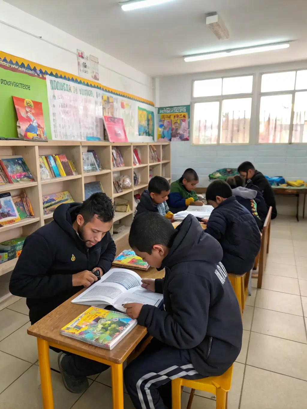 A group of children participating in a tutoring session, focused on their schoolwork, with a volunteer tutor assisting them.