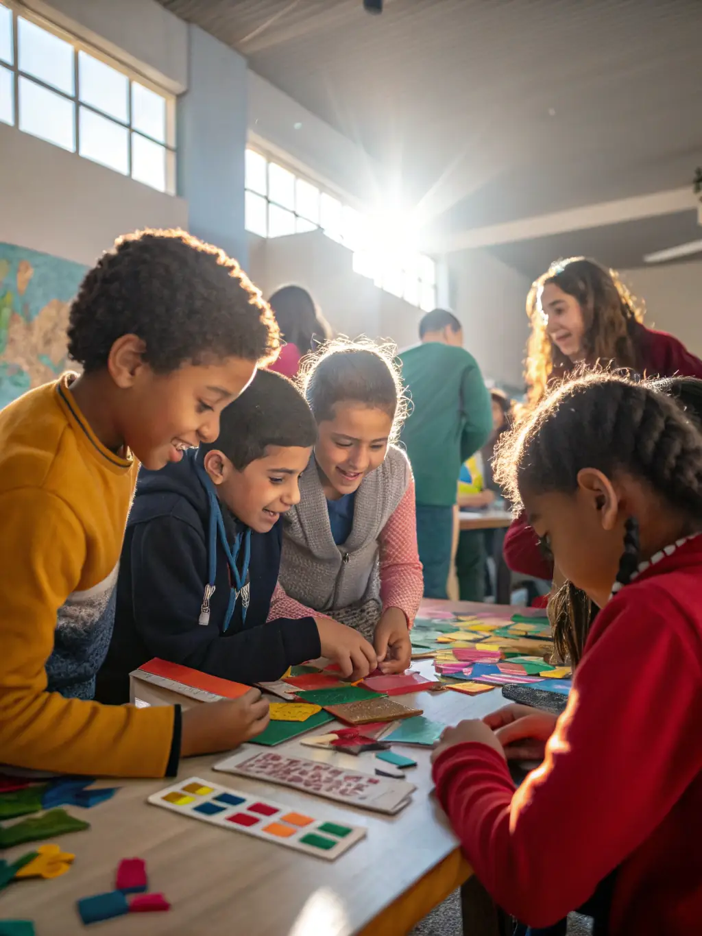 A photo of children participating in a theater workshop at SCÈNE, with an instructor guiding them through an acting exercise.