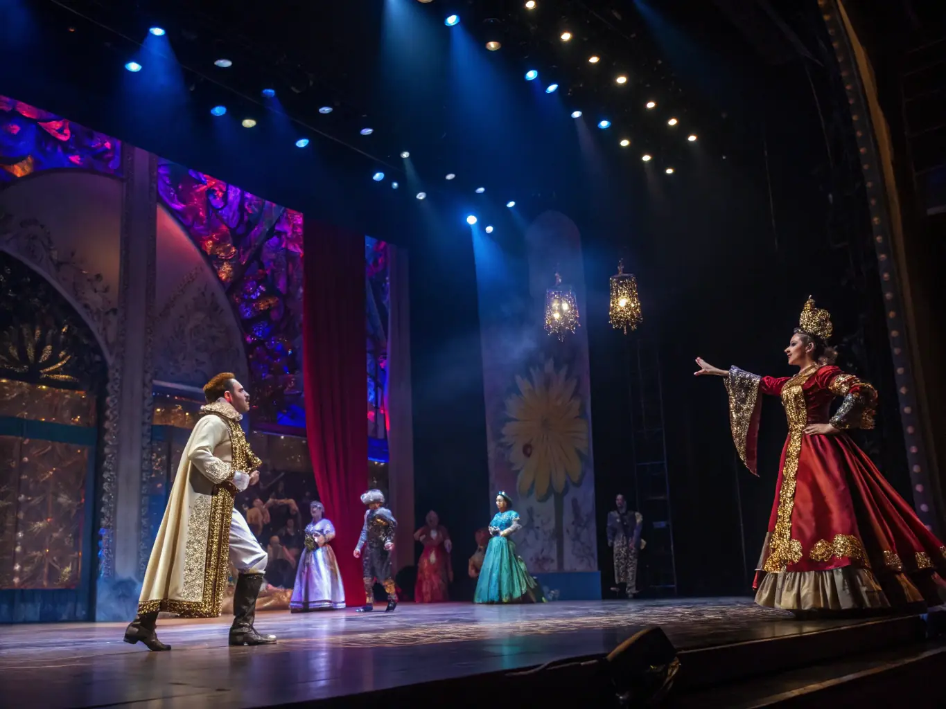 A vibrant photograph capturing a scene from a recent theatrical performance at SCÈNE NATIONALE DE L'ESSONNE AGORA-DESNOS, showcasing actors in costume on stage with dynamic lighting.