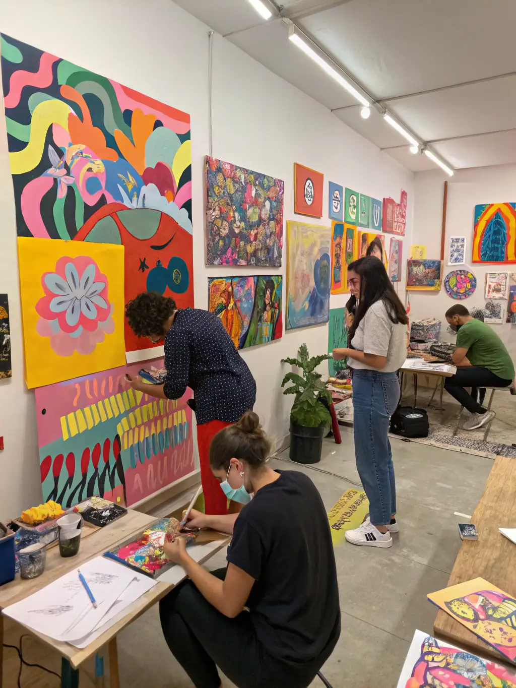 A picture of artists collaborating in a vibrant studio space, surrounded by artworks and creative tools, representing SCÈNE's artistic production support.