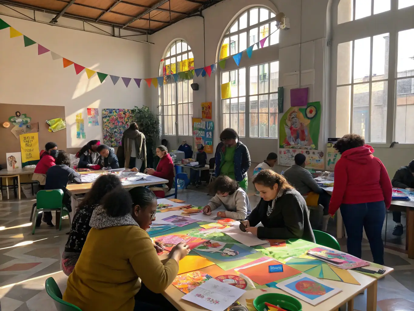 A photograph of a community workshop at SCÈNE NATIONALE DE L'ESSONNE AGORA-DESNOS, showing participants engaged in a creative activity with instructors guiding them.