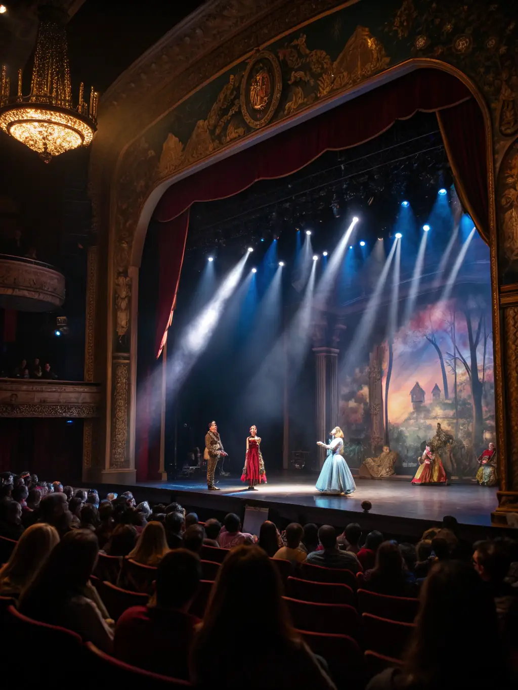 A photograph capturing a live theater performance at SCÈNE, showcasing actors on stage with dynamic lighting and engaged audience members.