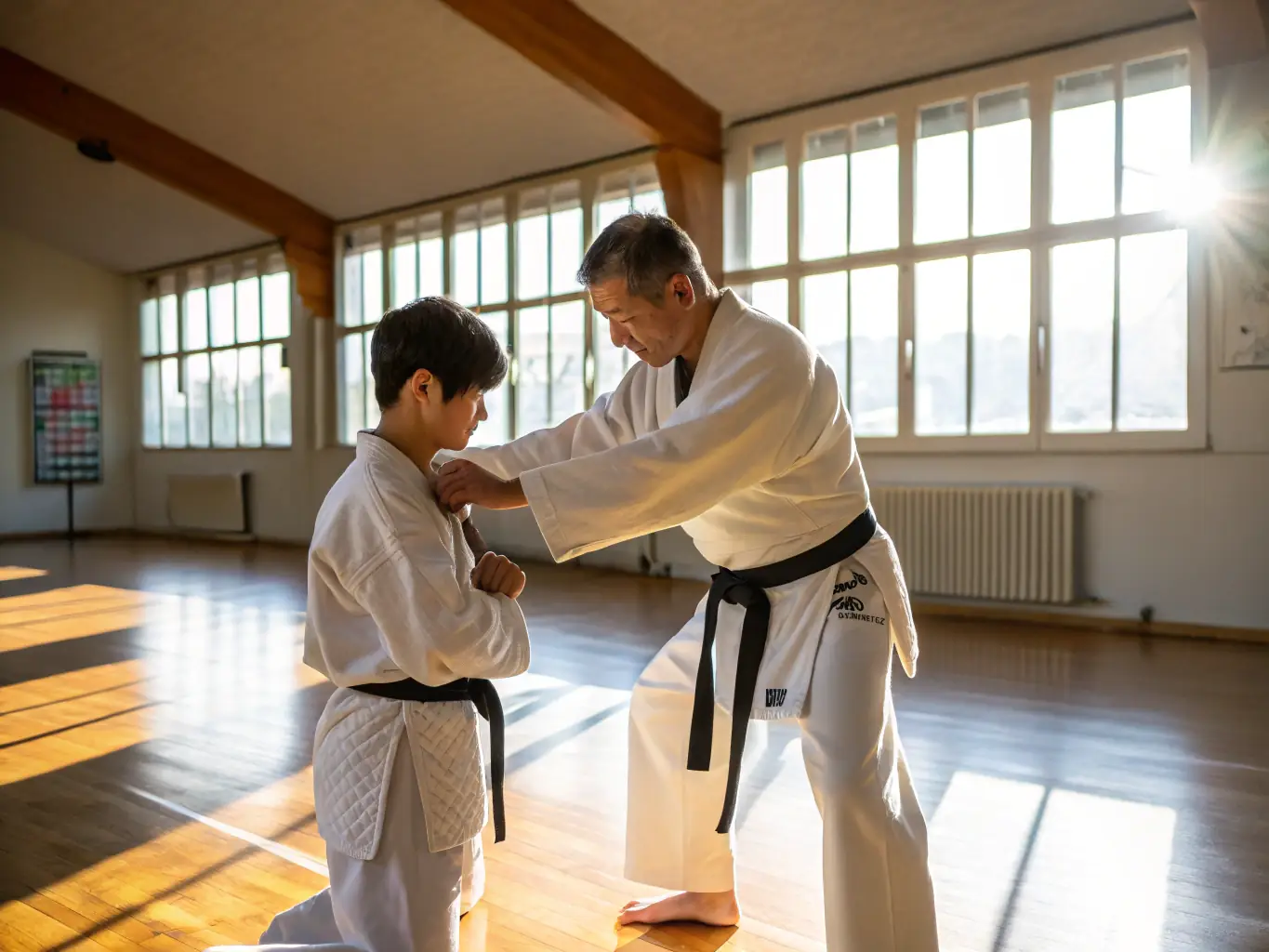 A photo of a martial arts instructor guiding a student through a specific technique, emphasizing the personalized coaching approach at 100 % COMBAT TOULOUSE.