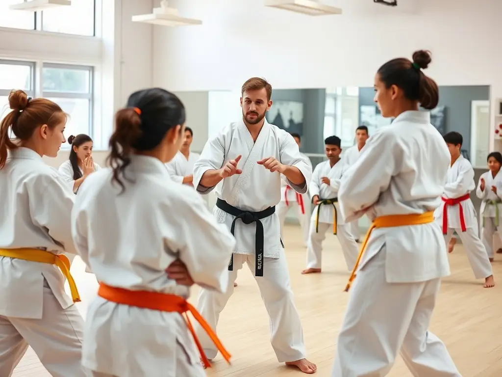A dynamic image showing a diverse group of martial arts students practicing various techniques in a well-equipped dojo, emphasizing the energy and inclusivity of 100 % COMBAT TOULOUSE.