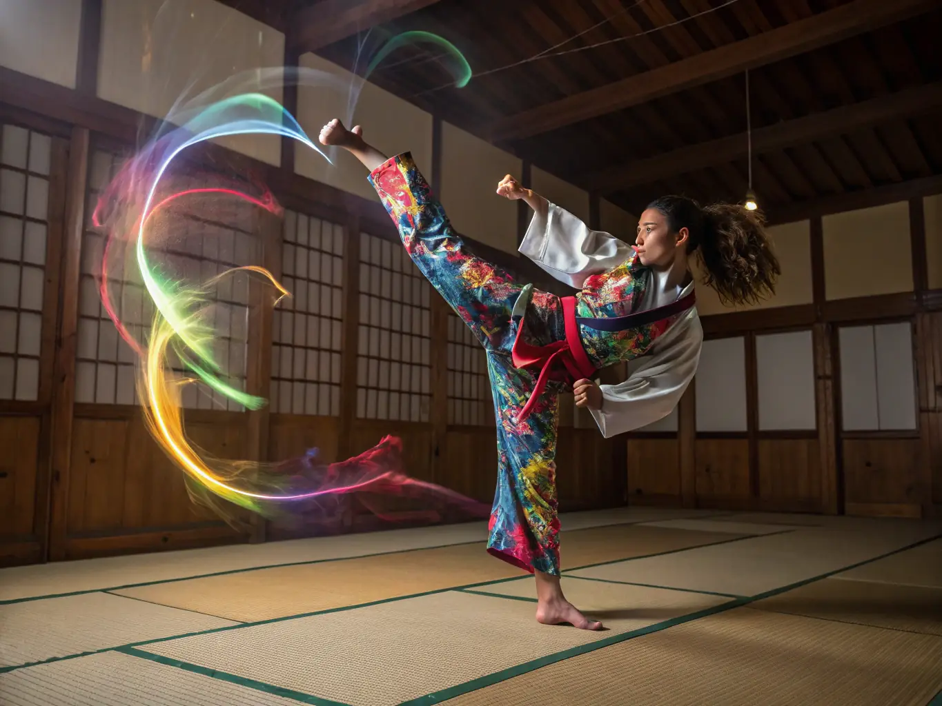 A group of martial arts students in action, practicing a synchronized kick during a training session at 100 % COMBAT TOULOUSE.