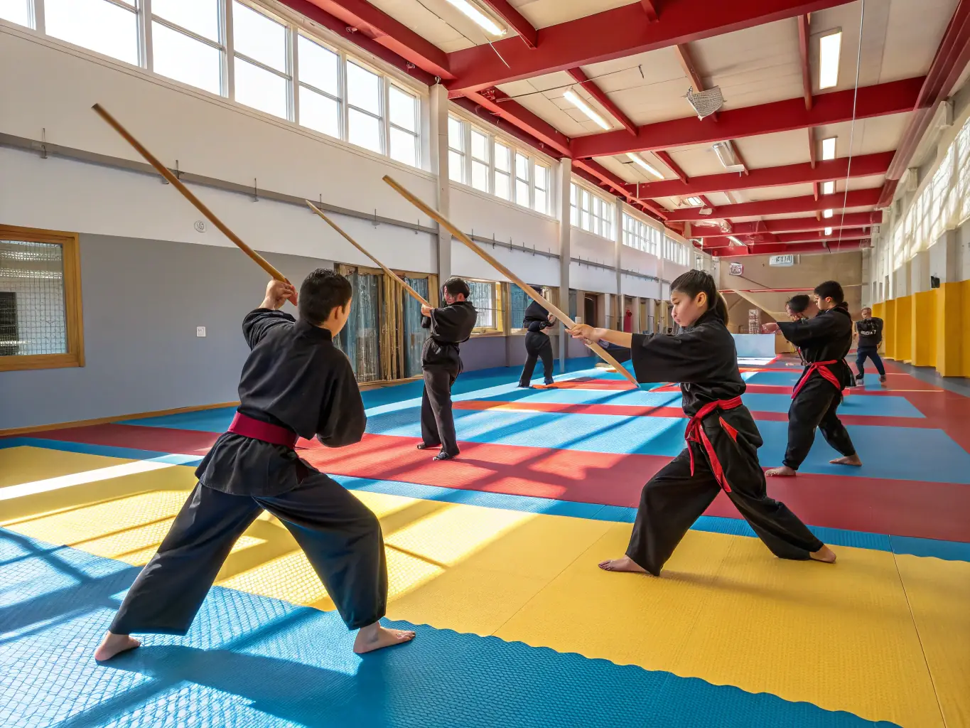 A group of diverse individuals practicing martial arts together in a modern dojo, showcasing teamwork and camaraderie.