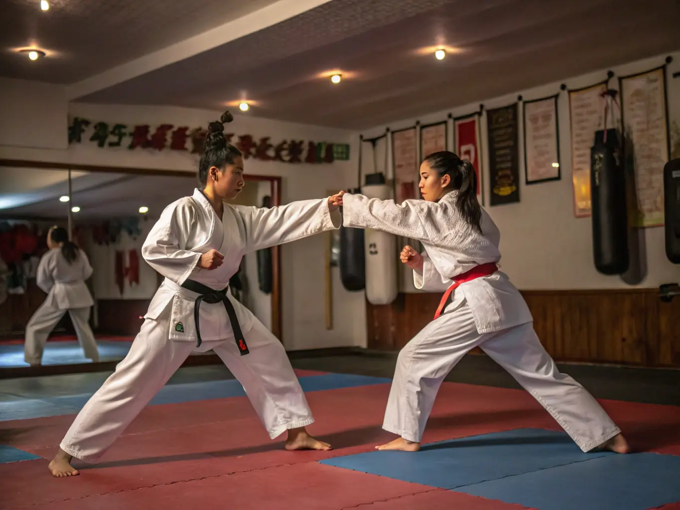A dynamic image of students sparring in a controlled environment, showcasing the practical application of martial arts techniques at 100 % COMBAT TOULOUSE.